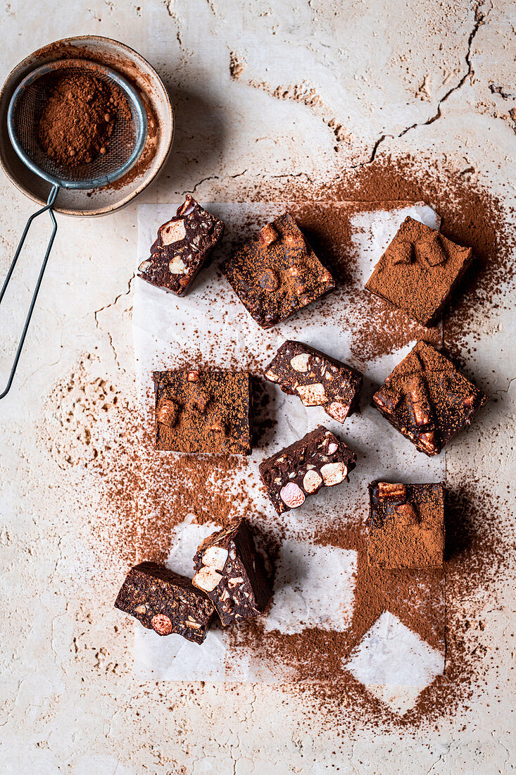Dark Chocolate Rocky Road Squares with almonds and marshmallows