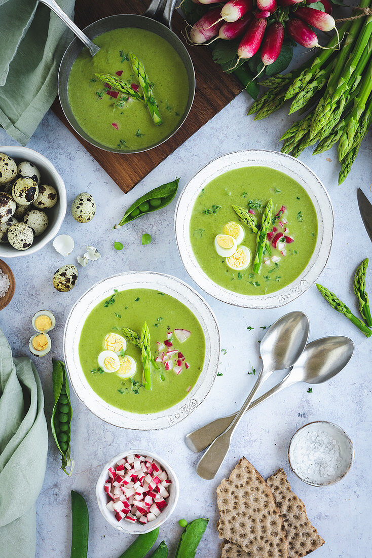 Green asparagus soup with radishes and egg