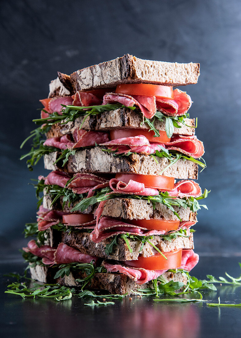 Stacked mixed rye bread sandwiches with salami, tomatoes and arugula