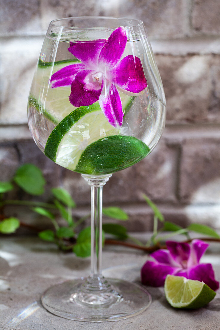A glass of sparkling water with lime and an edible flower garnish, sitting on an outdoor table with greenery