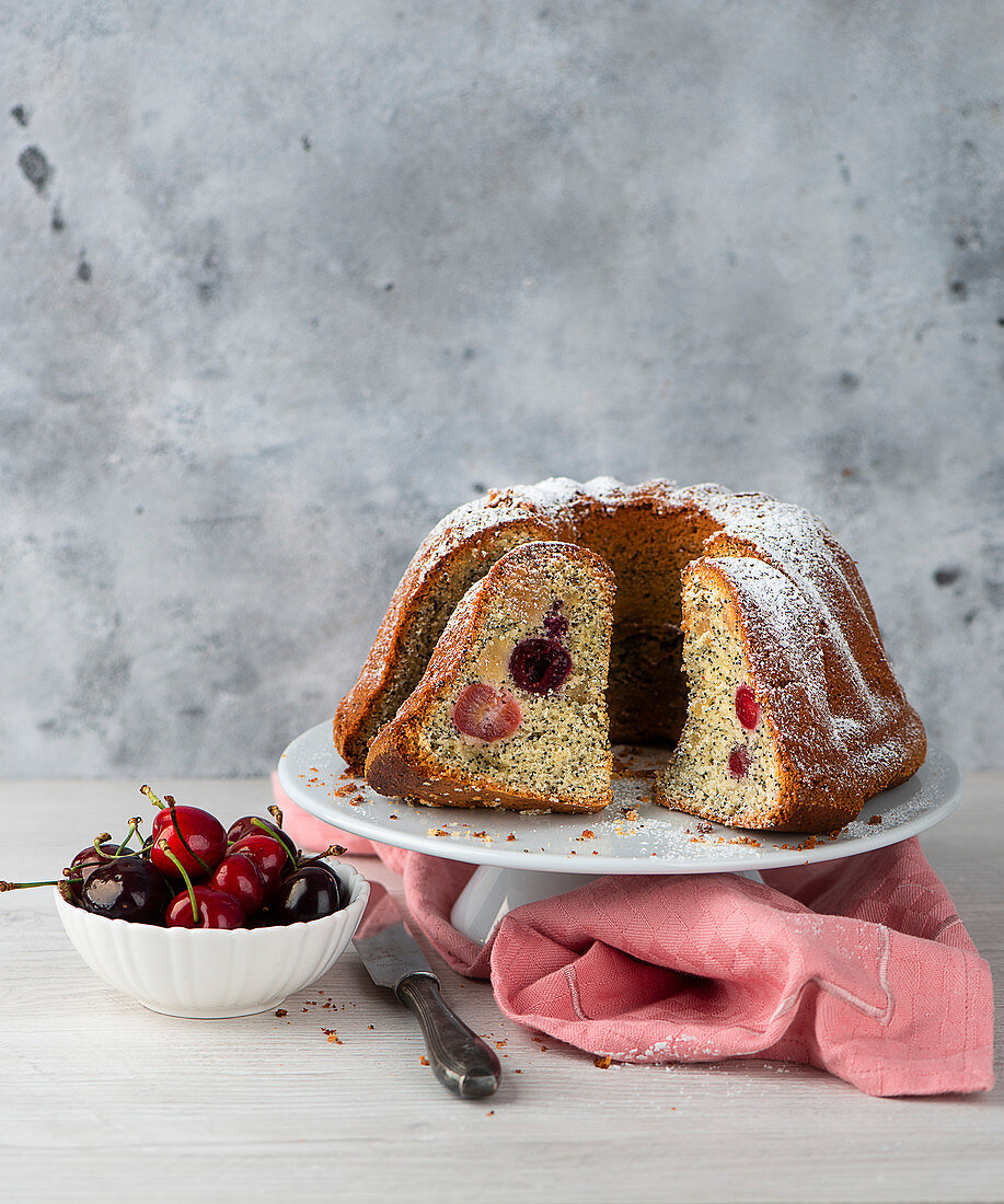 Cherry ring cake with poppy seeds