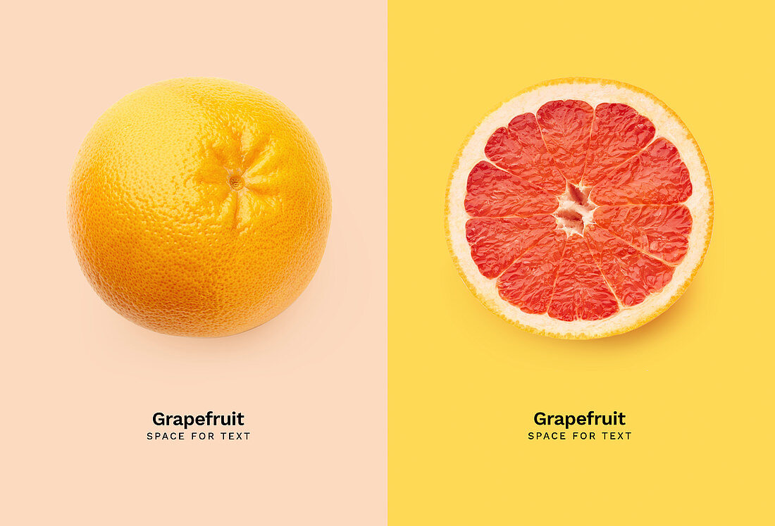 Ganze und halbe Grapefruit auf buntem Hintergrund