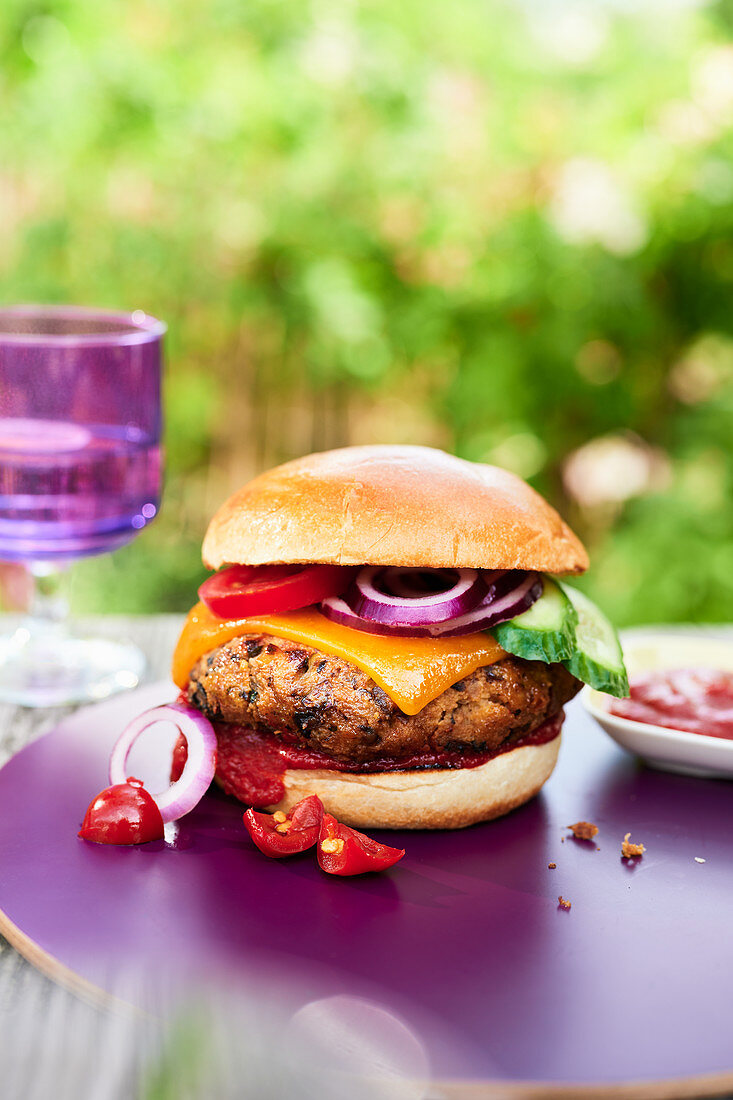 A mushroom burger with pepper ketchup