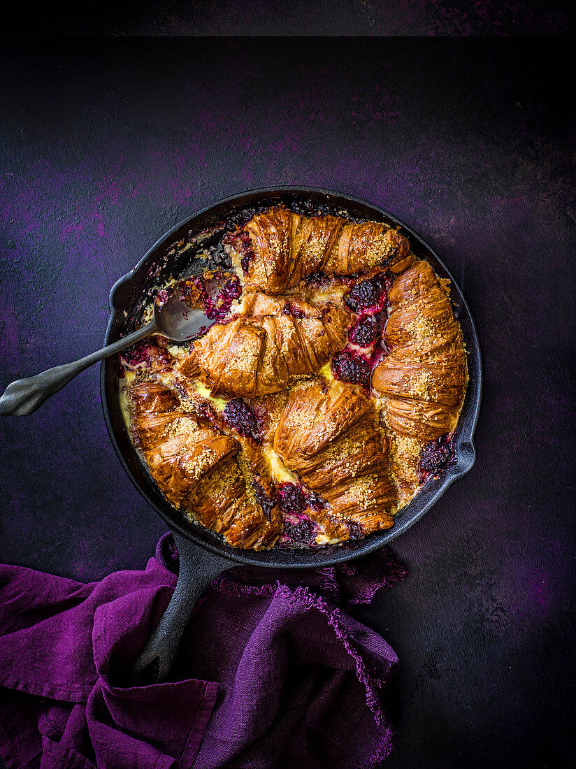 Blackberry and croissant bread and butter pudding