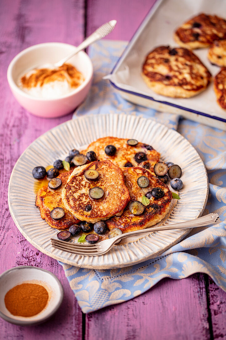 Banana and quark pancakes with blueberries