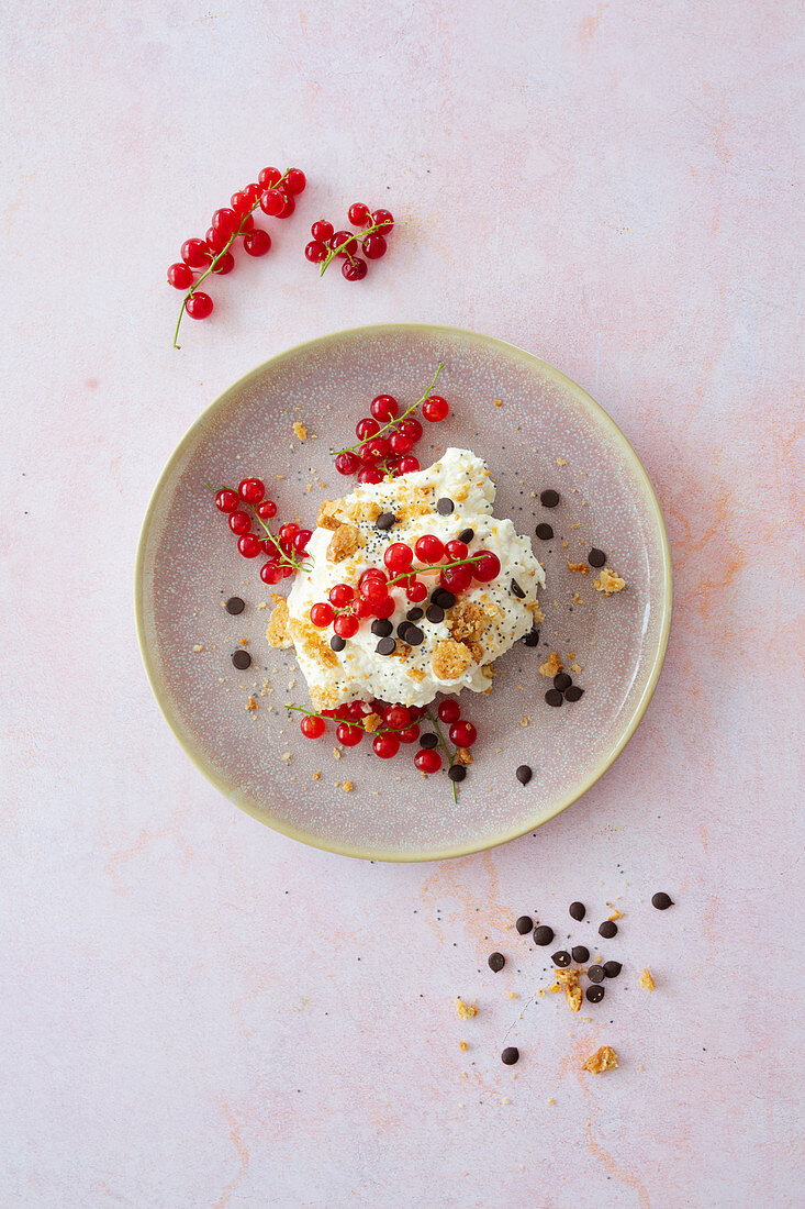 Hüttenkäse mit Johannisbeeren, Kekskrümeln und Schokotropfen