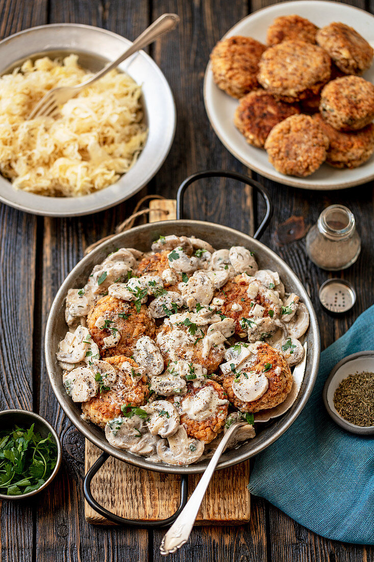 Buckwheat and feta no-meatballs with mushroom sauce