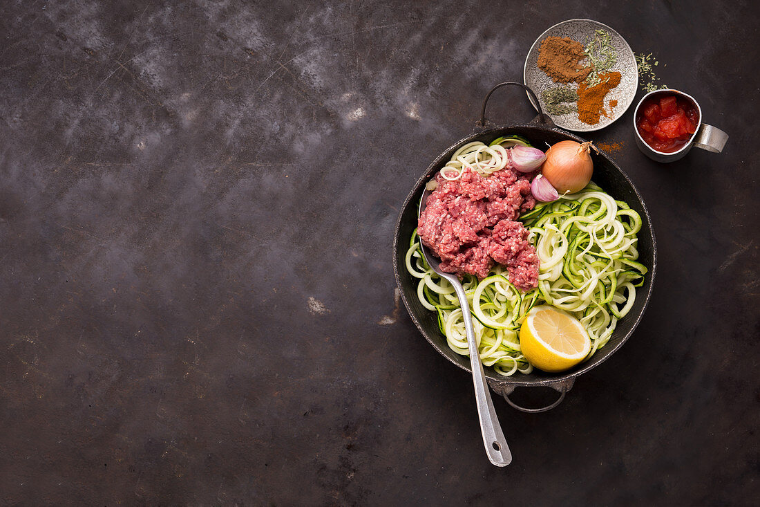 Ingredients for stir fry zoodles with minced lamb