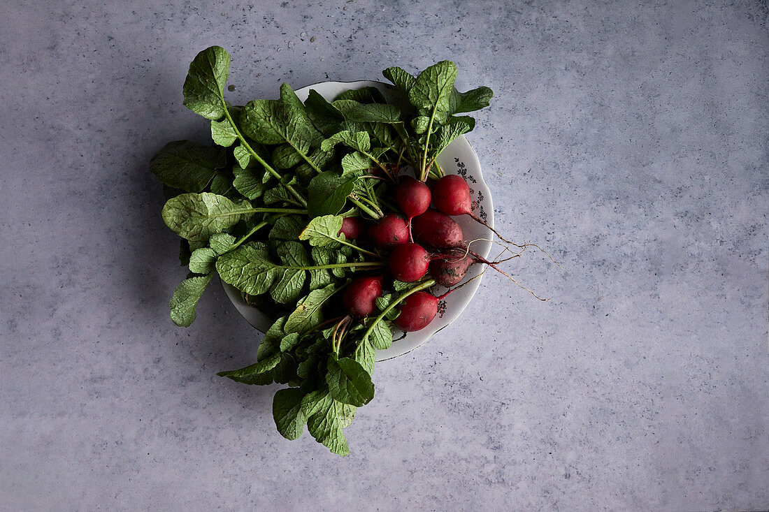 Fresh radishes in a bowl on a gray background