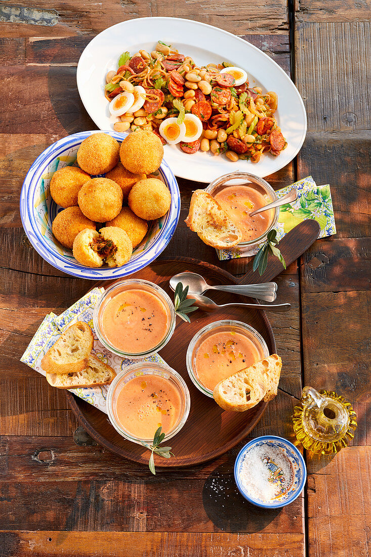 Bean chorizo salad, rice croquettes and tomato gazpacho