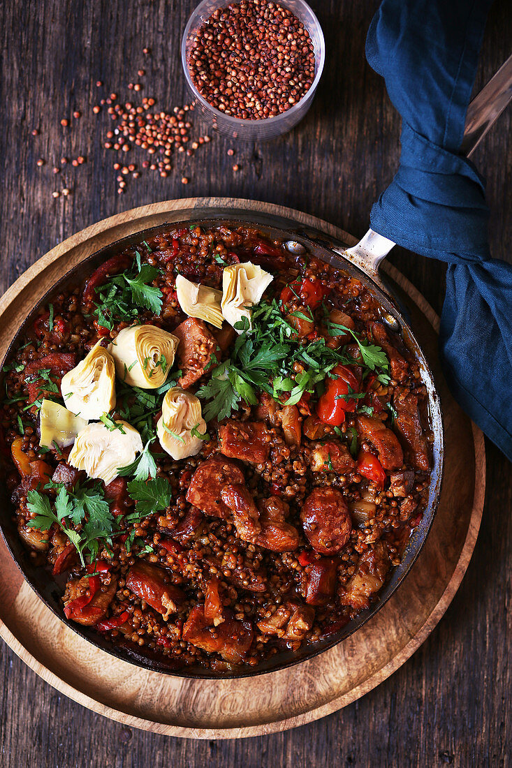 Spicy baked sorghum with chorizo