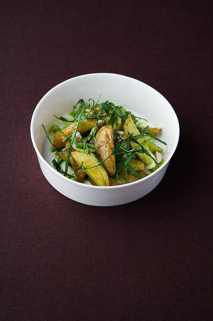 Roasted potato and rocket salad with cashew pesto