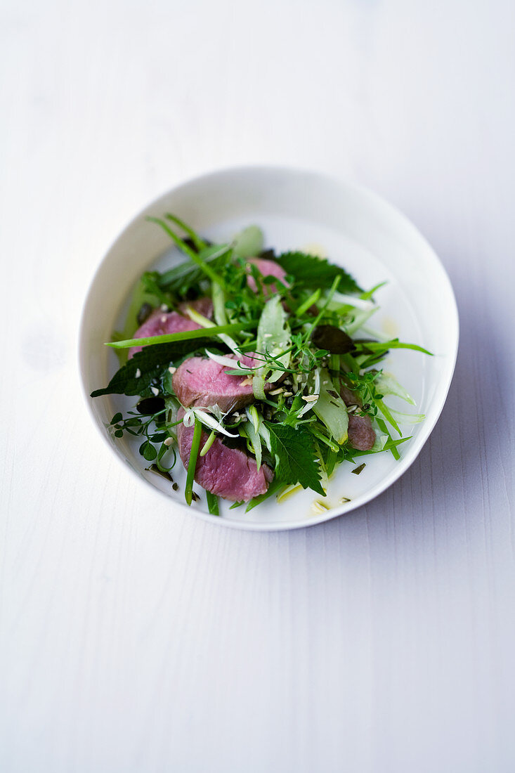 Green vegetable salad with lamb fillet and allspice