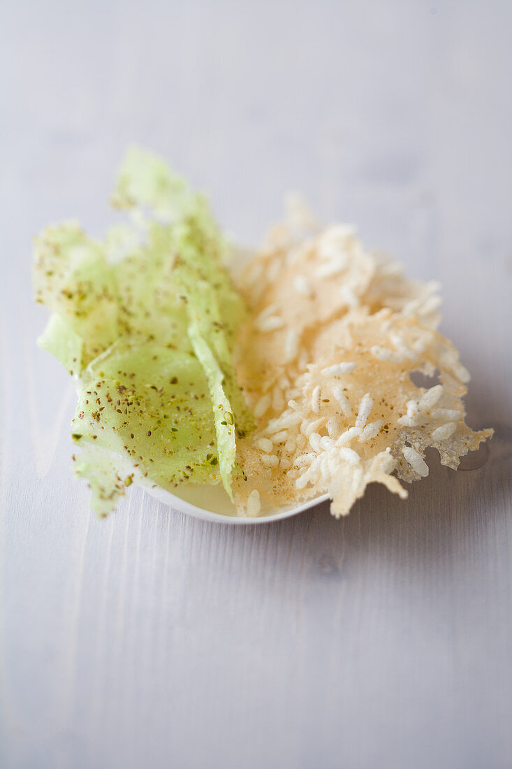 Pistachio and ajwain crackers, rice and grain of paradise crackers