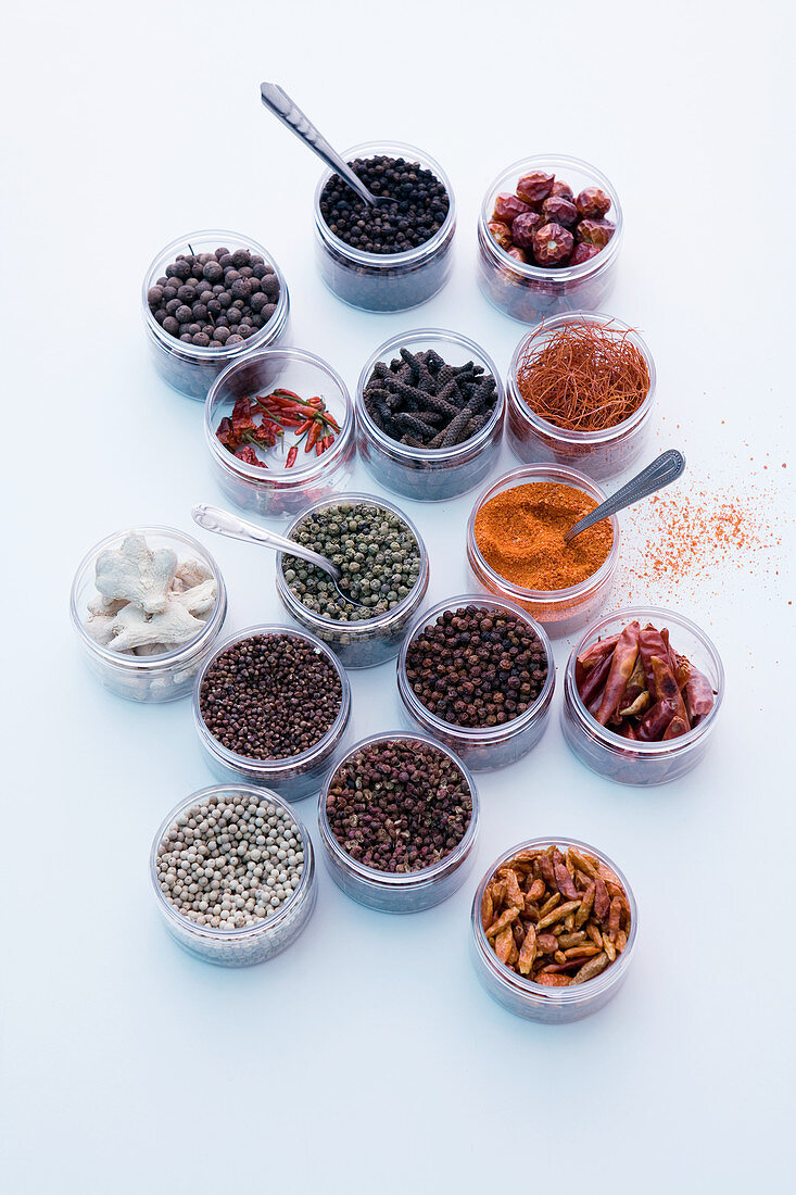 Various hot spices in jars