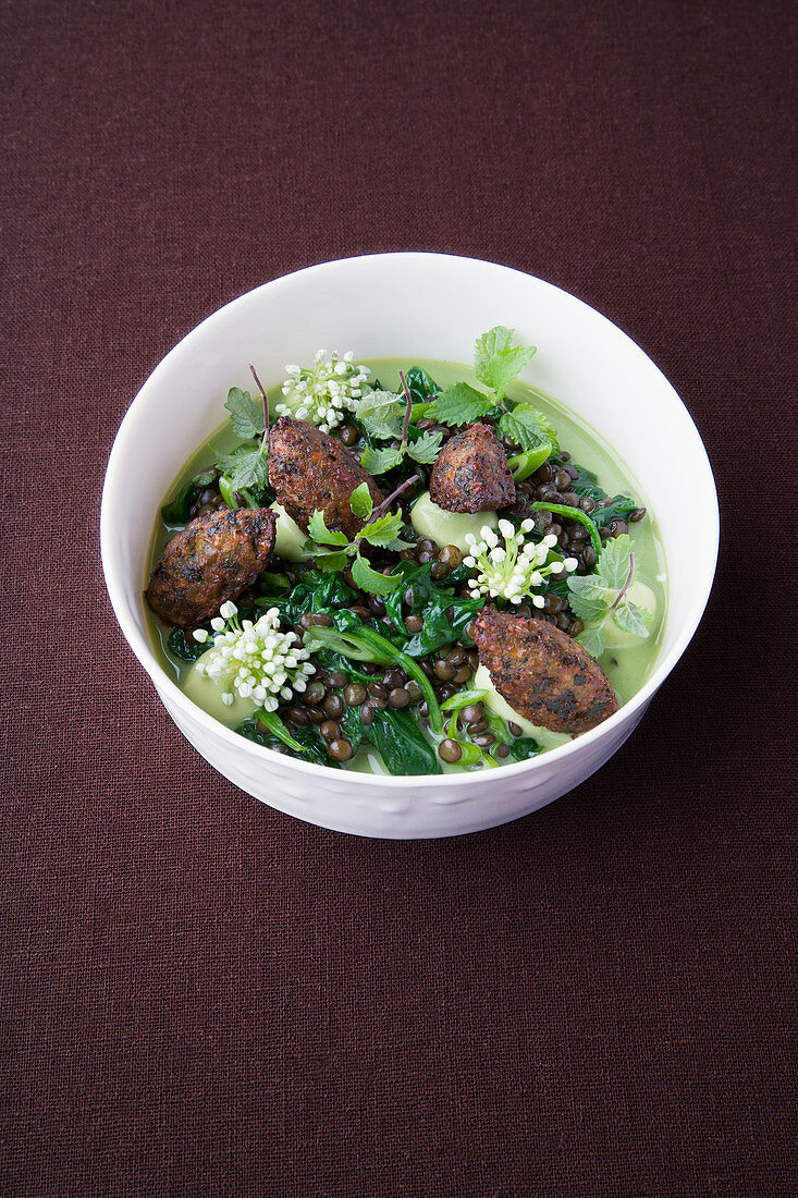 Peanut and marjoram croquettes with avocado and shiso