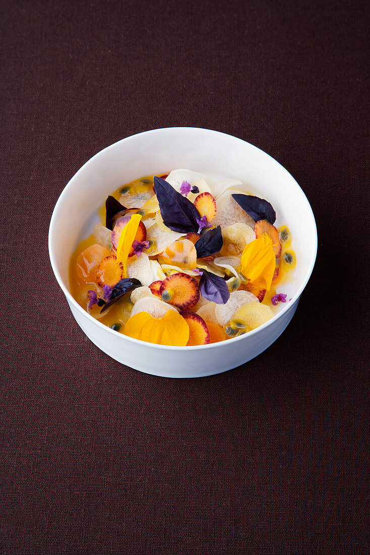 Carrot, passion fruit salad with ajowan and red basil