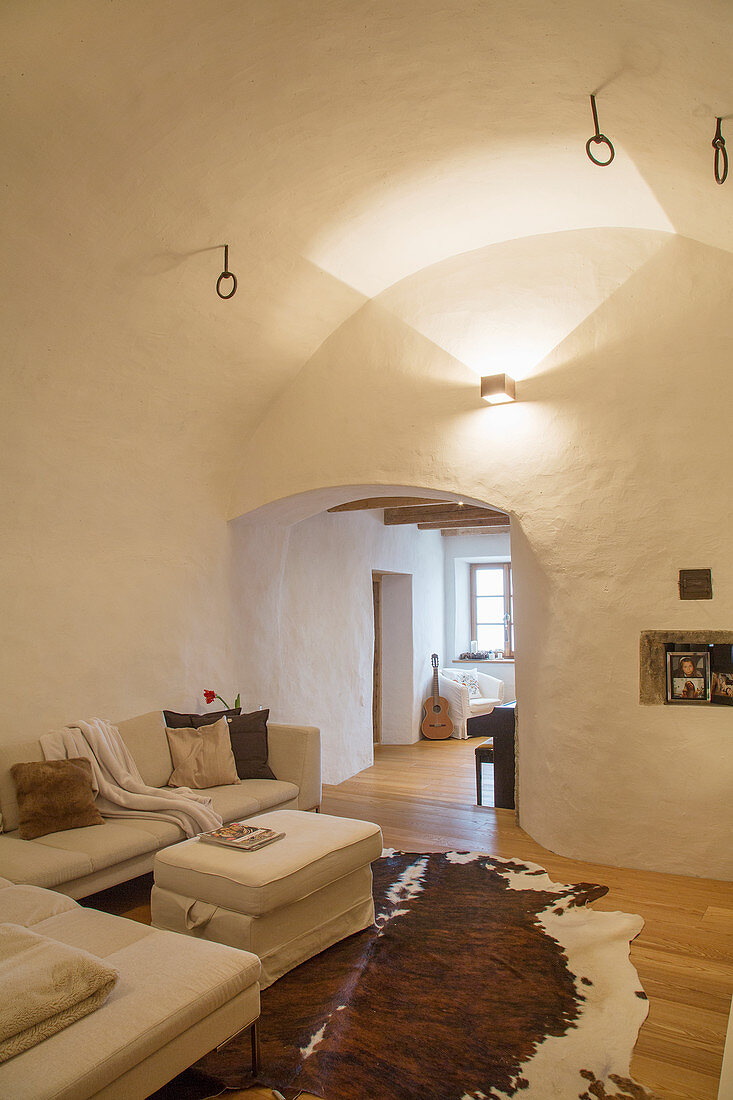 Cowhide rug and vaulted ceiling in living room of old farmhouse