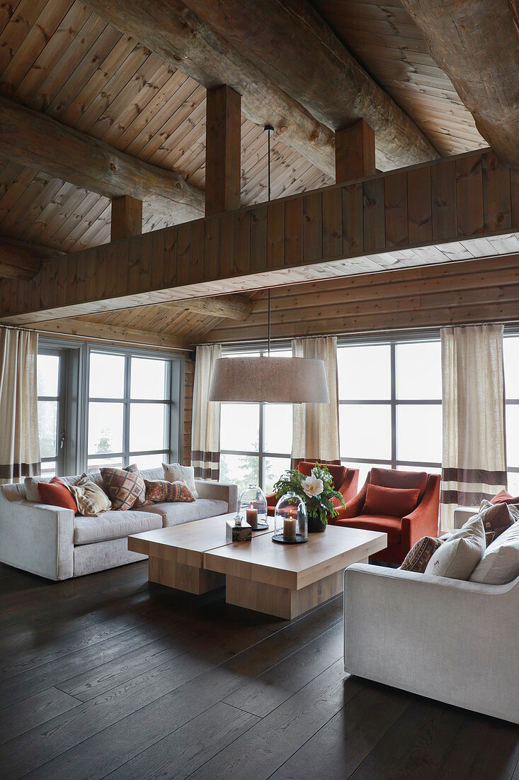 Classic living room in elegant log cabin