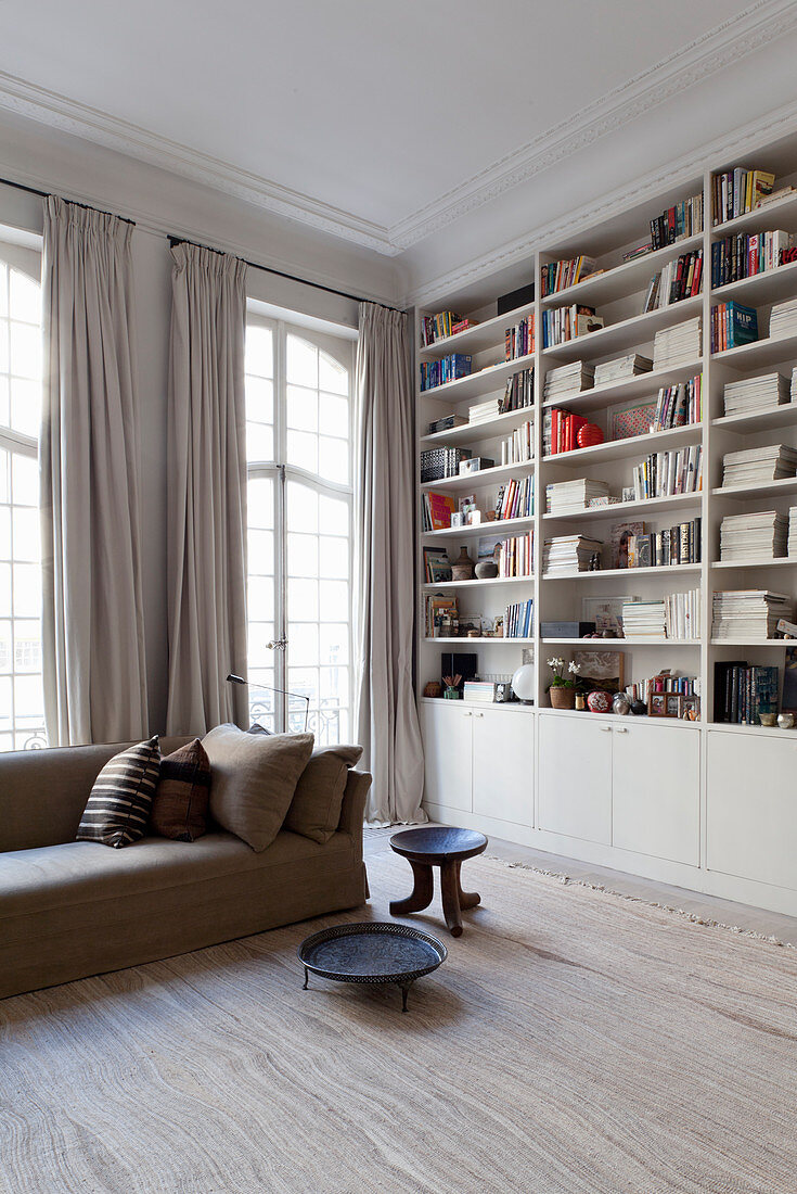 Sofa and book shelves next to window in living room