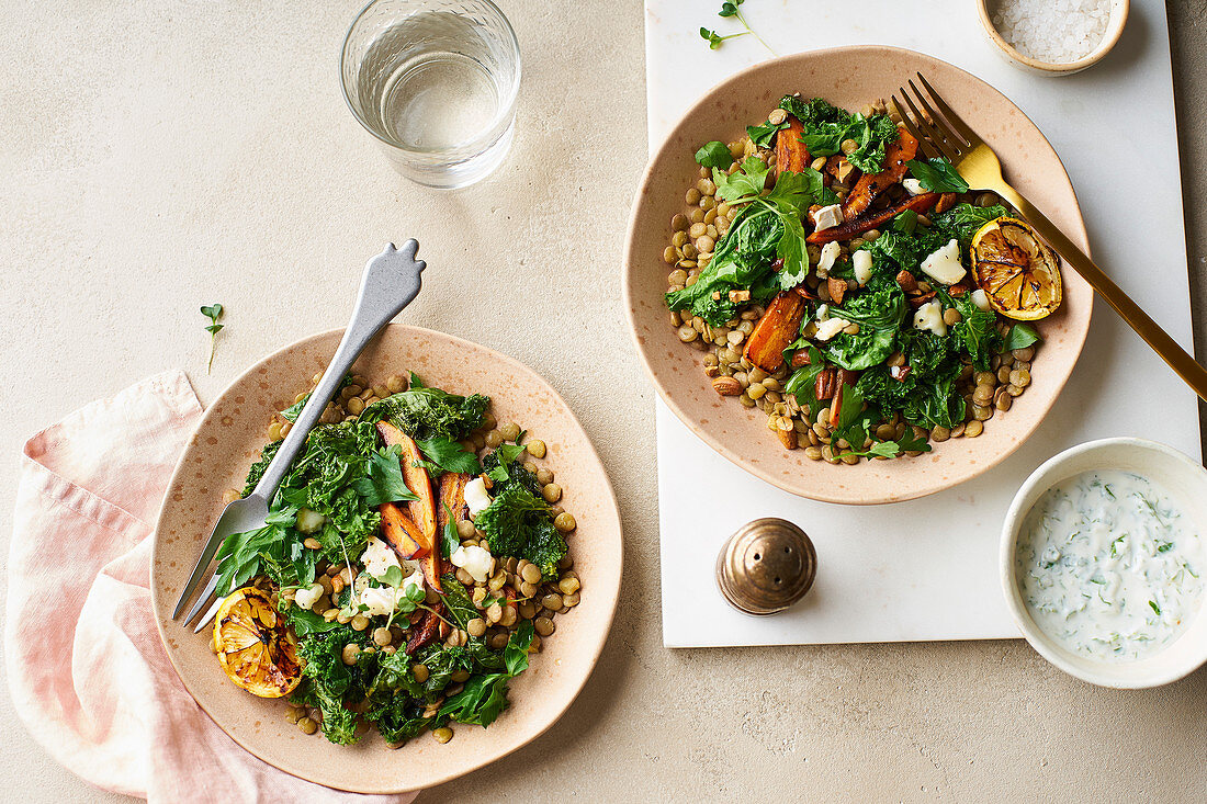 Vegetarian lunch, lentil salad with honey-roasted carrots, kale and goat cheese