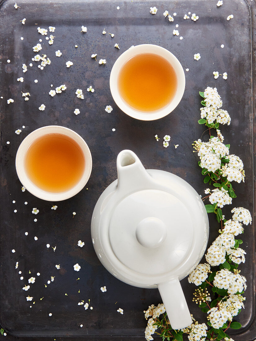 Tea bowls, teapot and white flowers