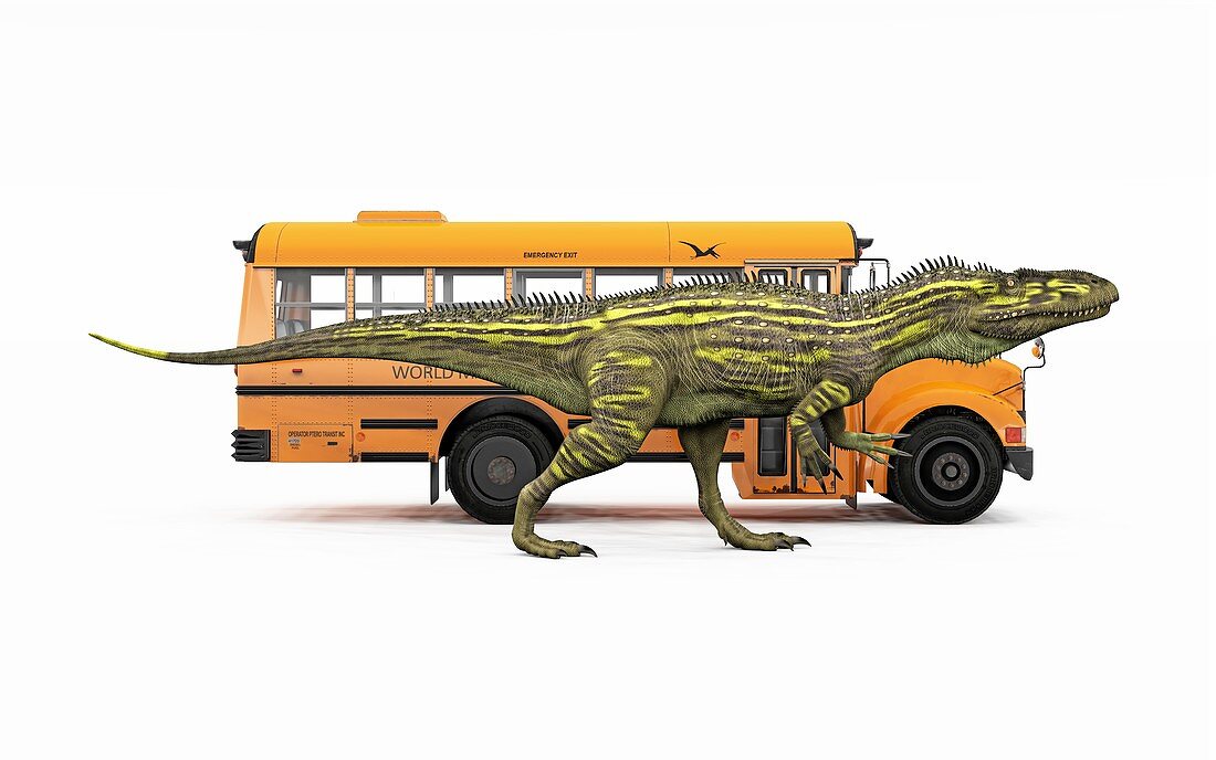 Torvosaurus and school bus, illustration