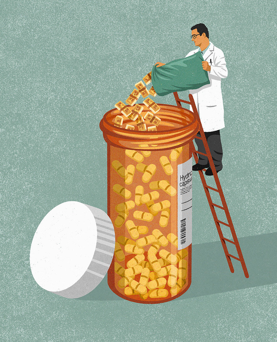 Doctor pouring money into pill bottle, illustration