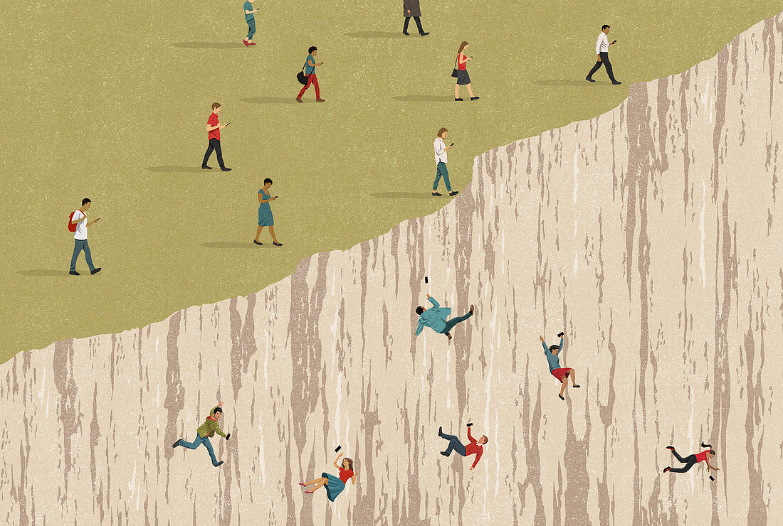 People using phones falling over cliff, illustration