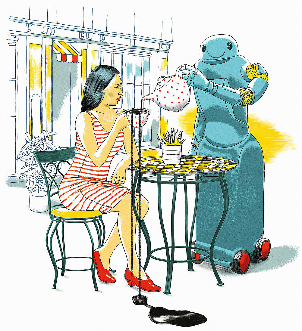 Robot waiter spilling customer's tea, illustration