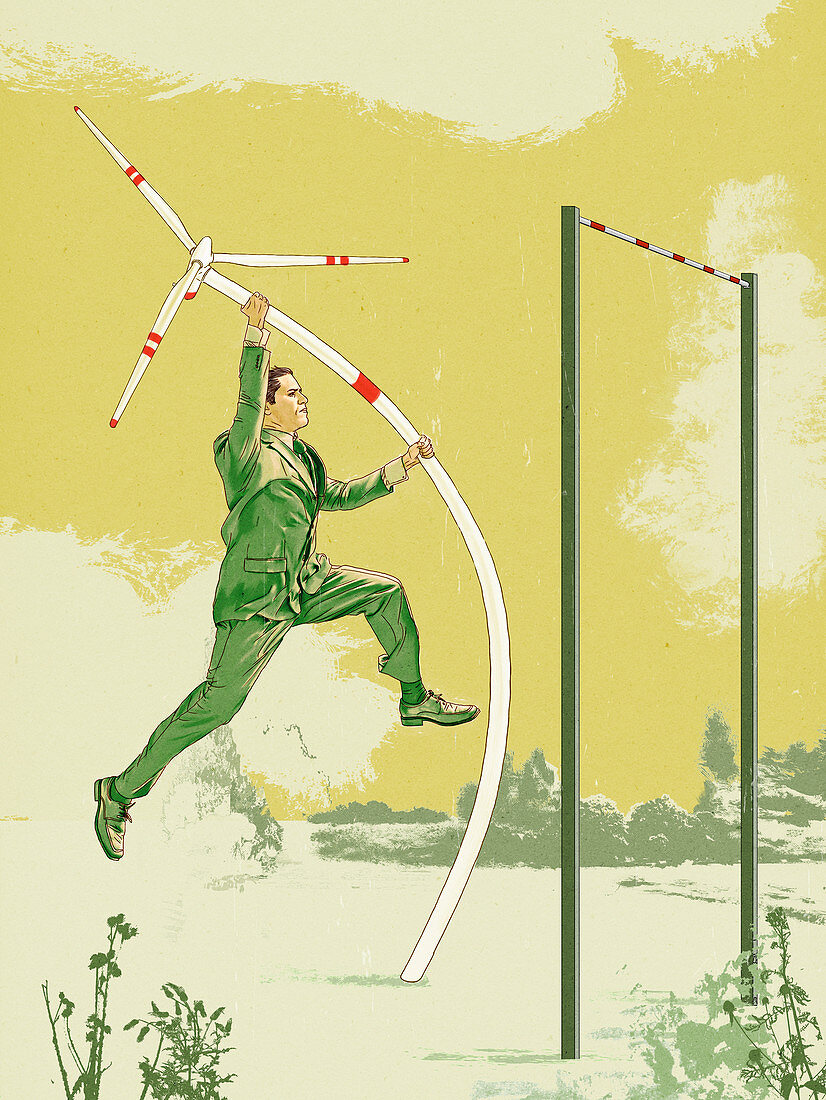 Businessman pole vaulting with wind turbine, illustration