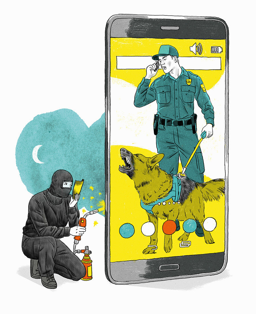 Phone security system detecting hacker, illustration