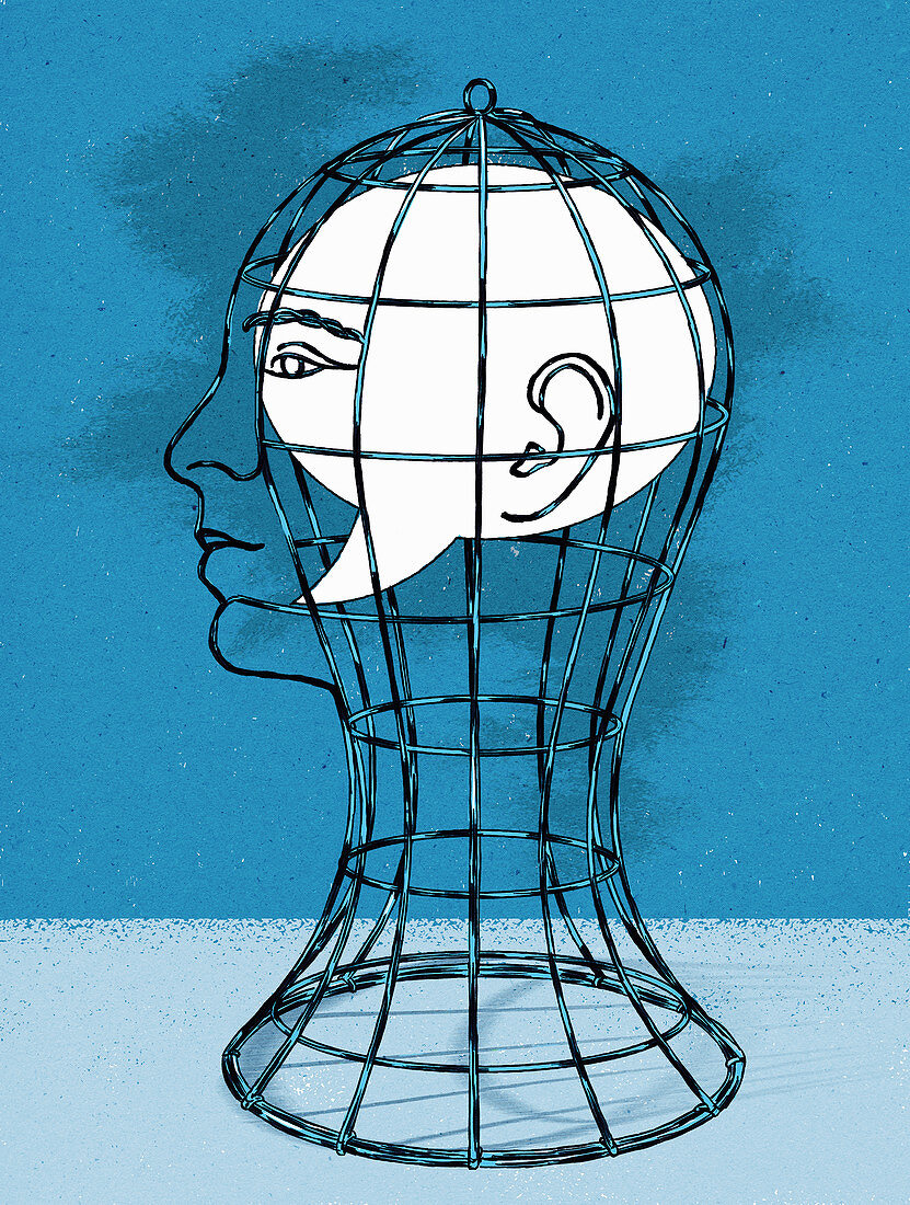 Speech bubble trapped inside birdcage head, illustration