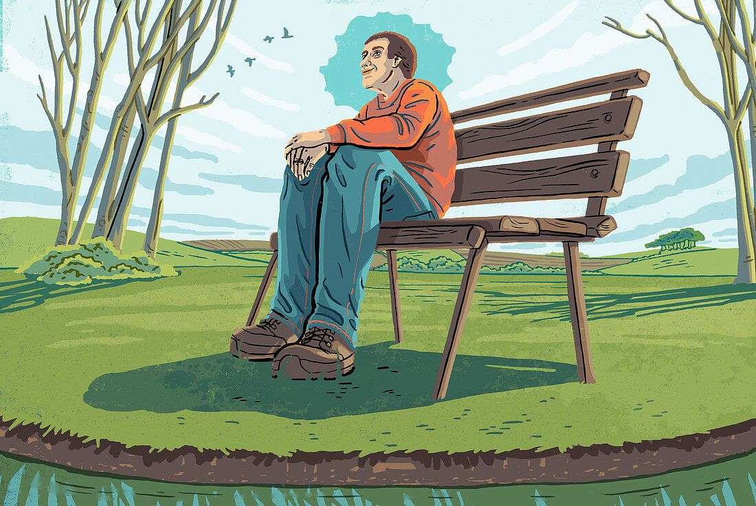 Man sitting on bench enjoying tranquility, illustration