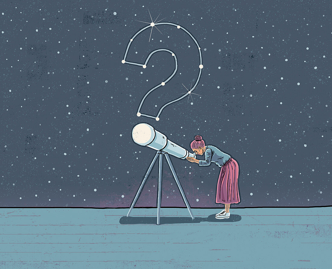 Woman looking through telescope, illustration