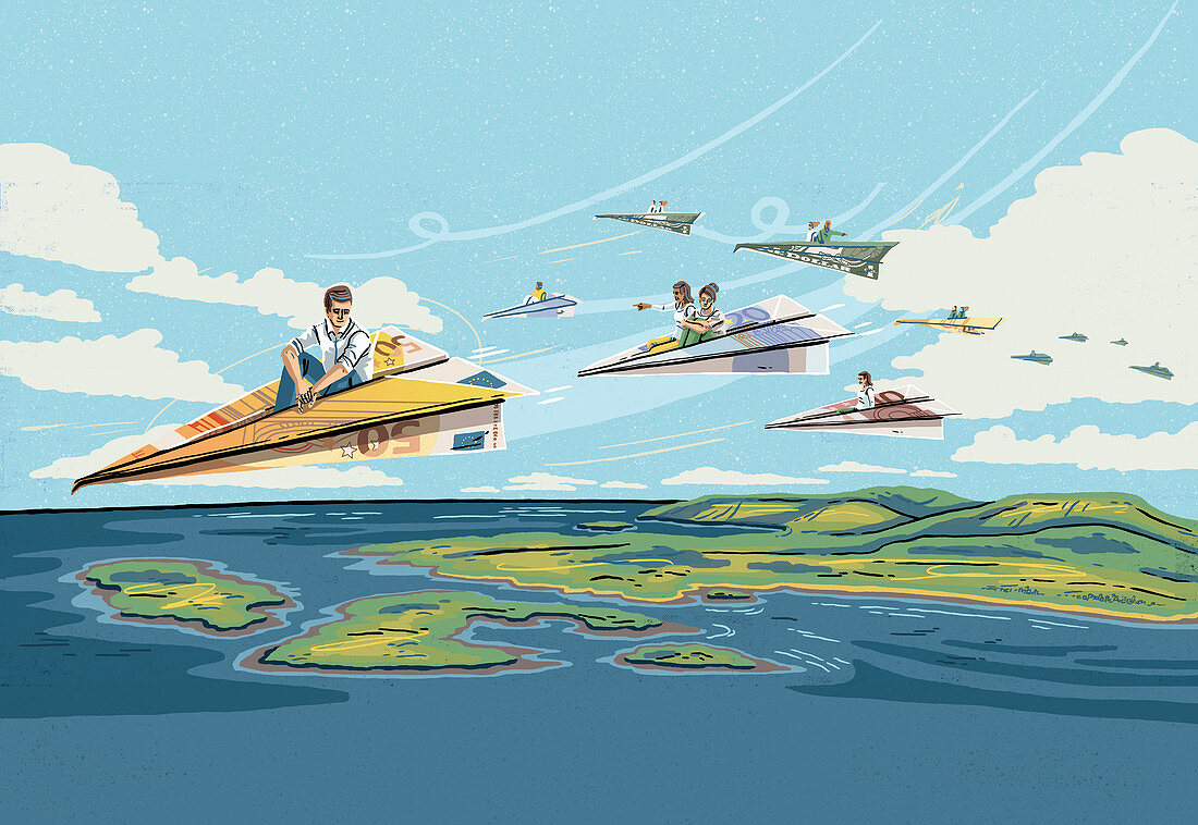 People travelling on euro paper planes, illustration