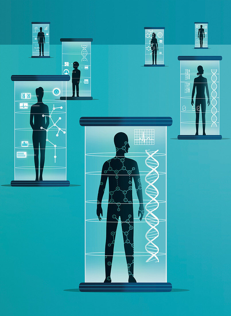 Different people inside genetic scanners, illustration