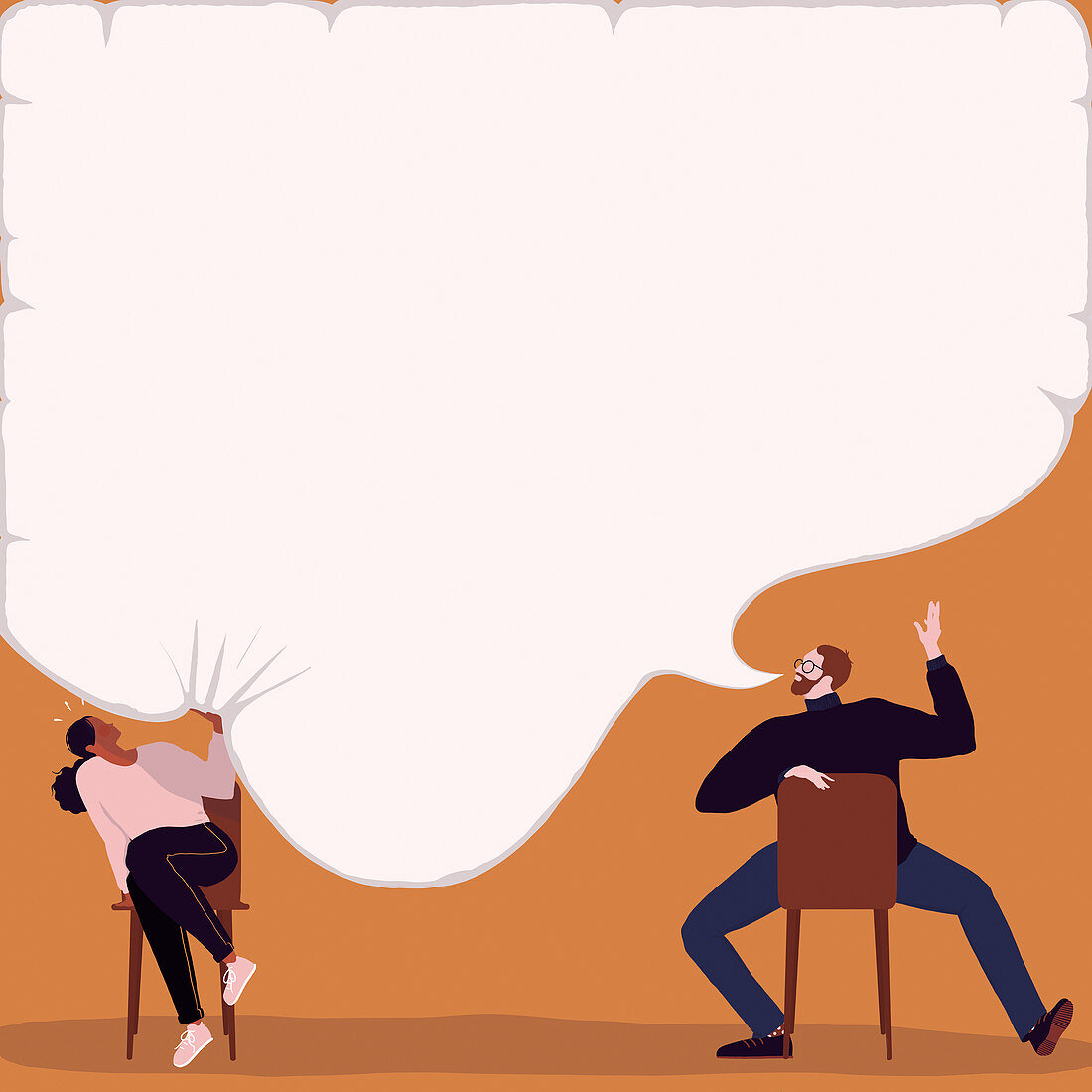 Woman being squashed by man's speech bubble, illustration
