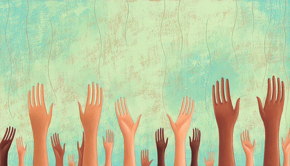 Hands reaching up to sky, illustration