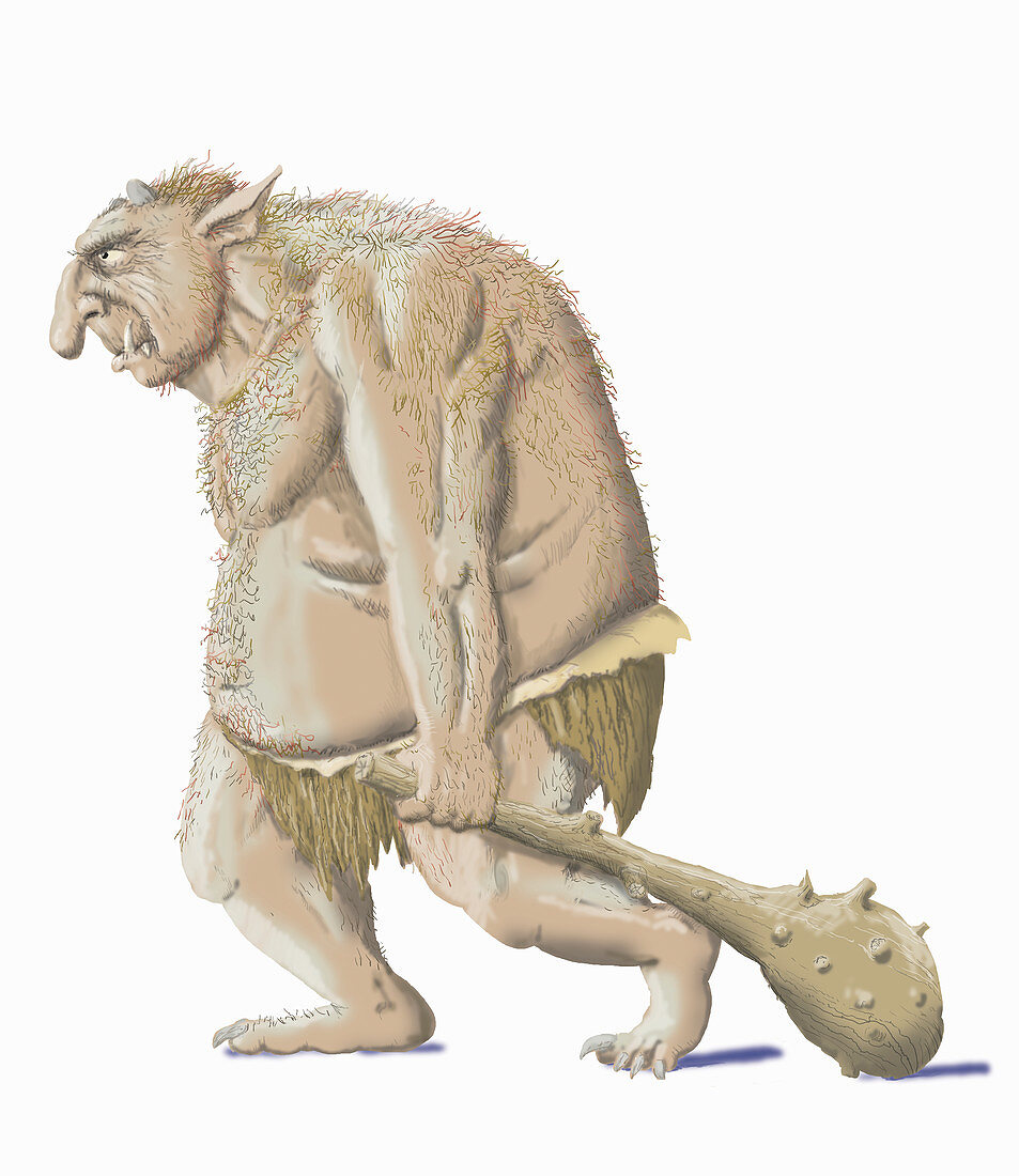 Ugly troll with club weapon, illustration