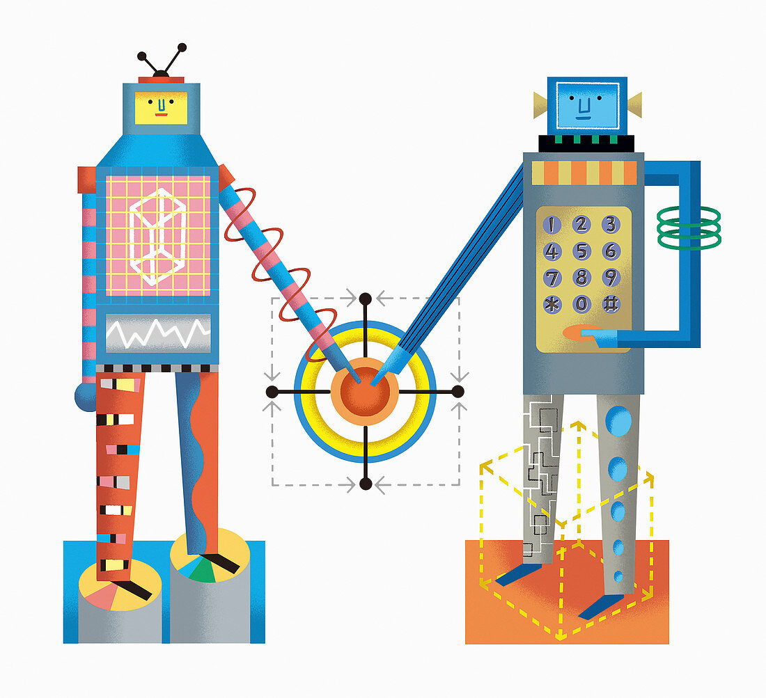 Two robots pressing button, illustration