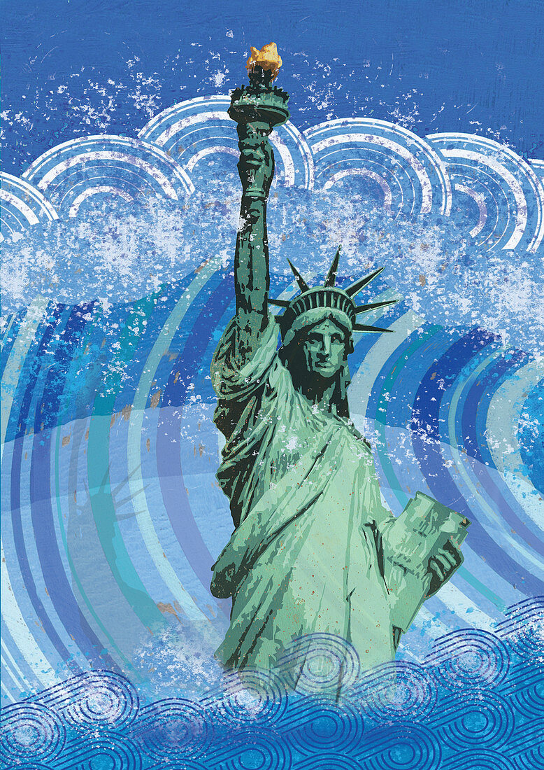 Statue of Liberty submerged in flood water, illustration