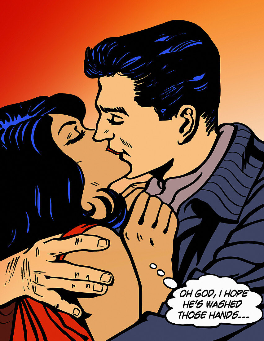 Woman worrying about virus while kissing, illustration