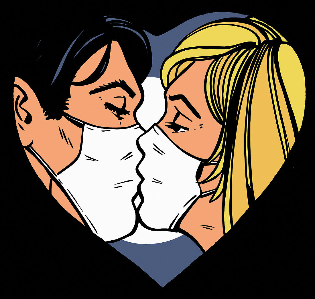 Couple kissing wearing masks, illustration