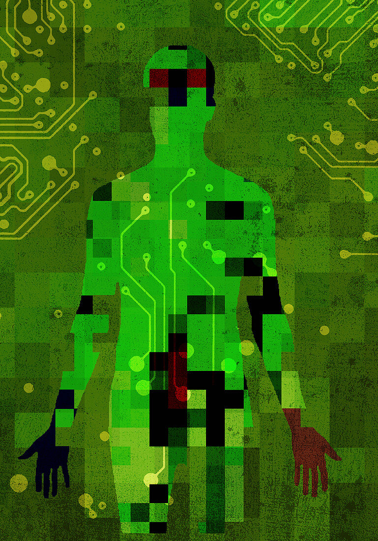 Pixelated man connected to circuit board, illustration