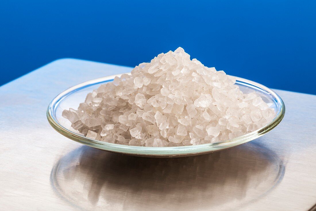Sodium chloride sea salt on watch glass