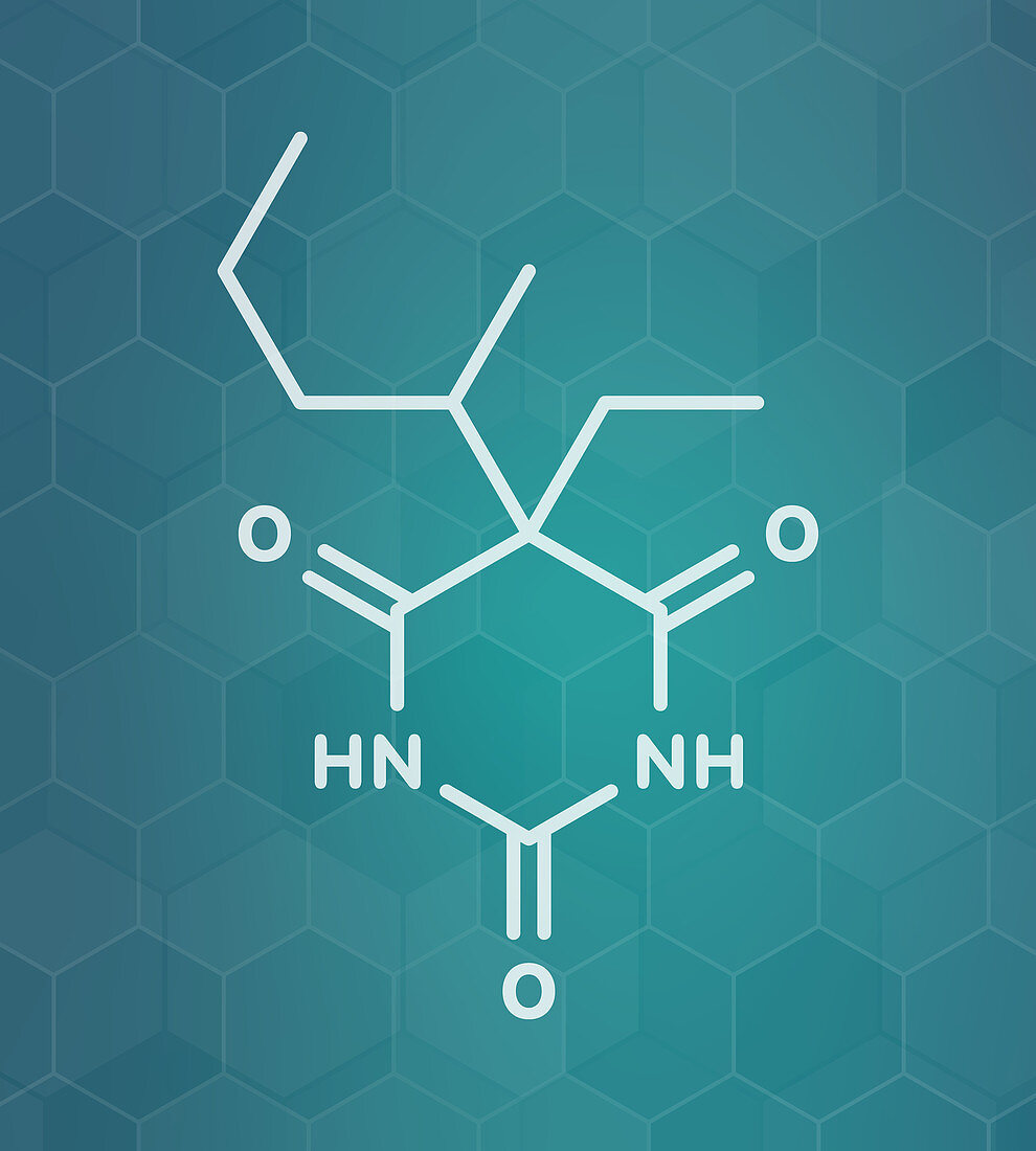 Pentobarbital barbiturate sedative molecule, illustration