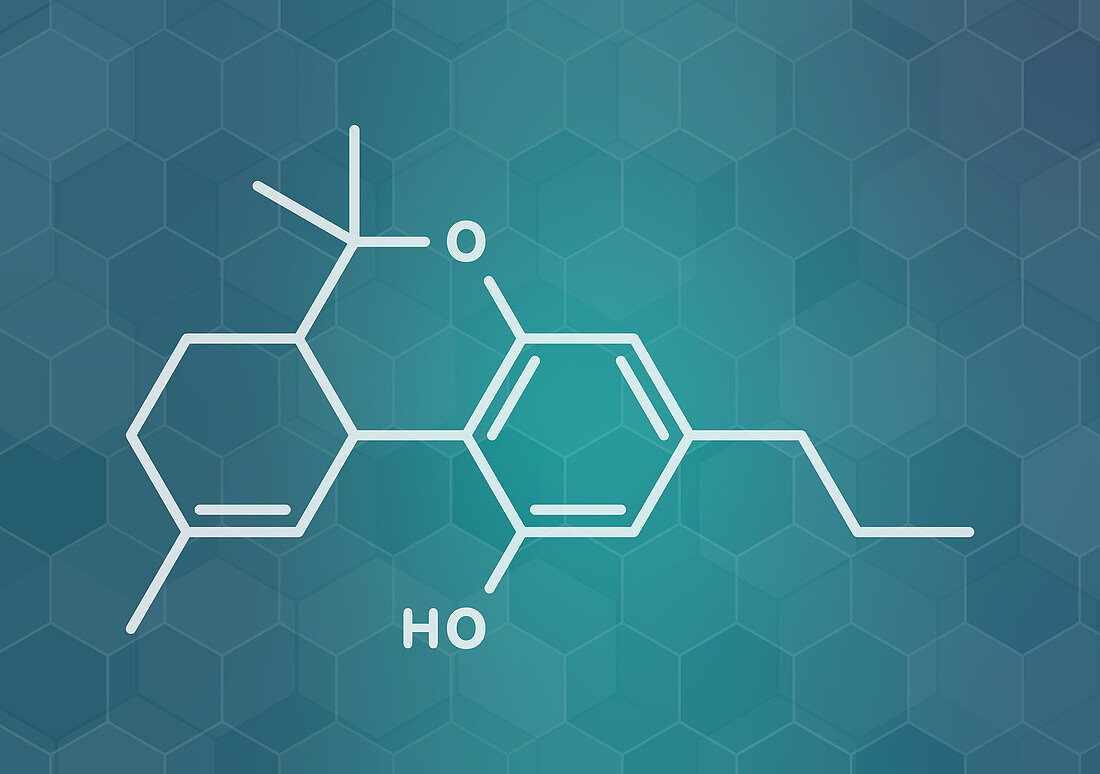 Tetrahydrocannabivarin cannabinoid molecule, illustration