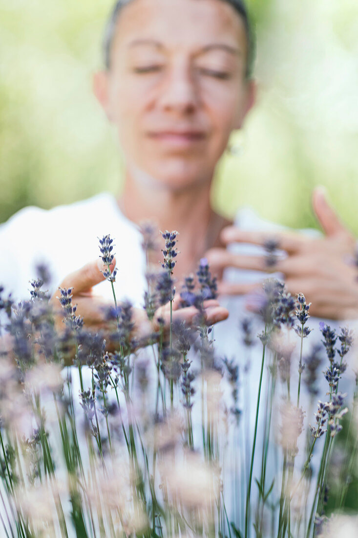 Breathing exercise in a lavender field