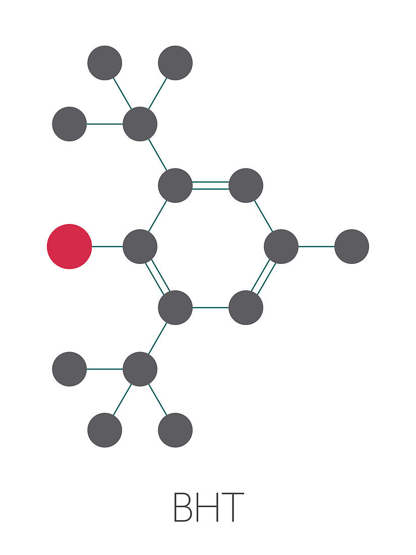 Butylated hydroxytoluene antioxidant molecule, illustration